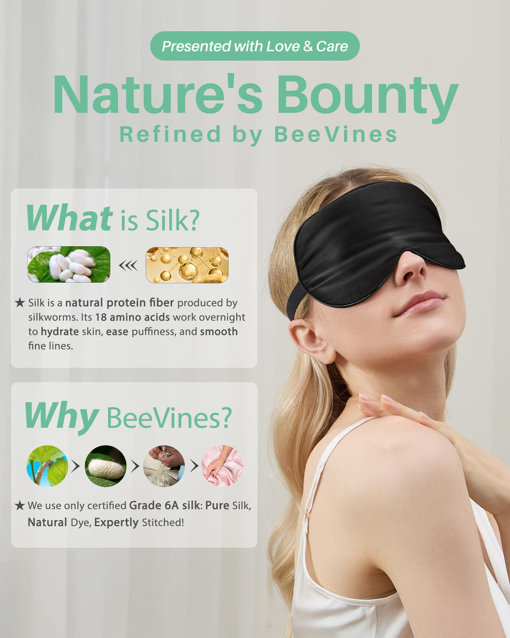 BeeVines Sleep Mask resting on bed conveys restful sleep in home.