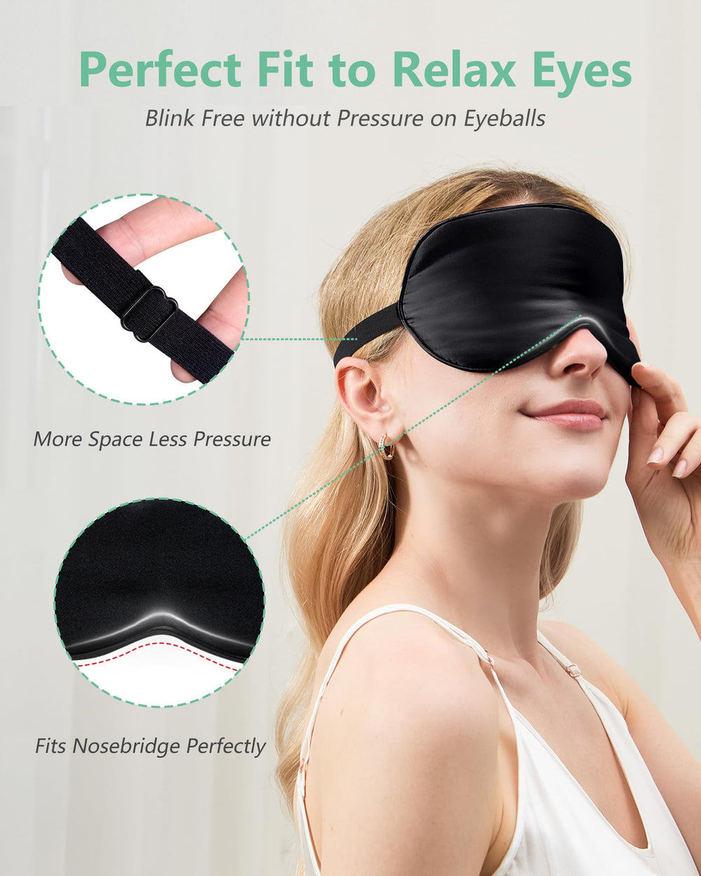 BeeVines Sleep Mask close-up of mulberry silk highlights premium, breathable fabric.