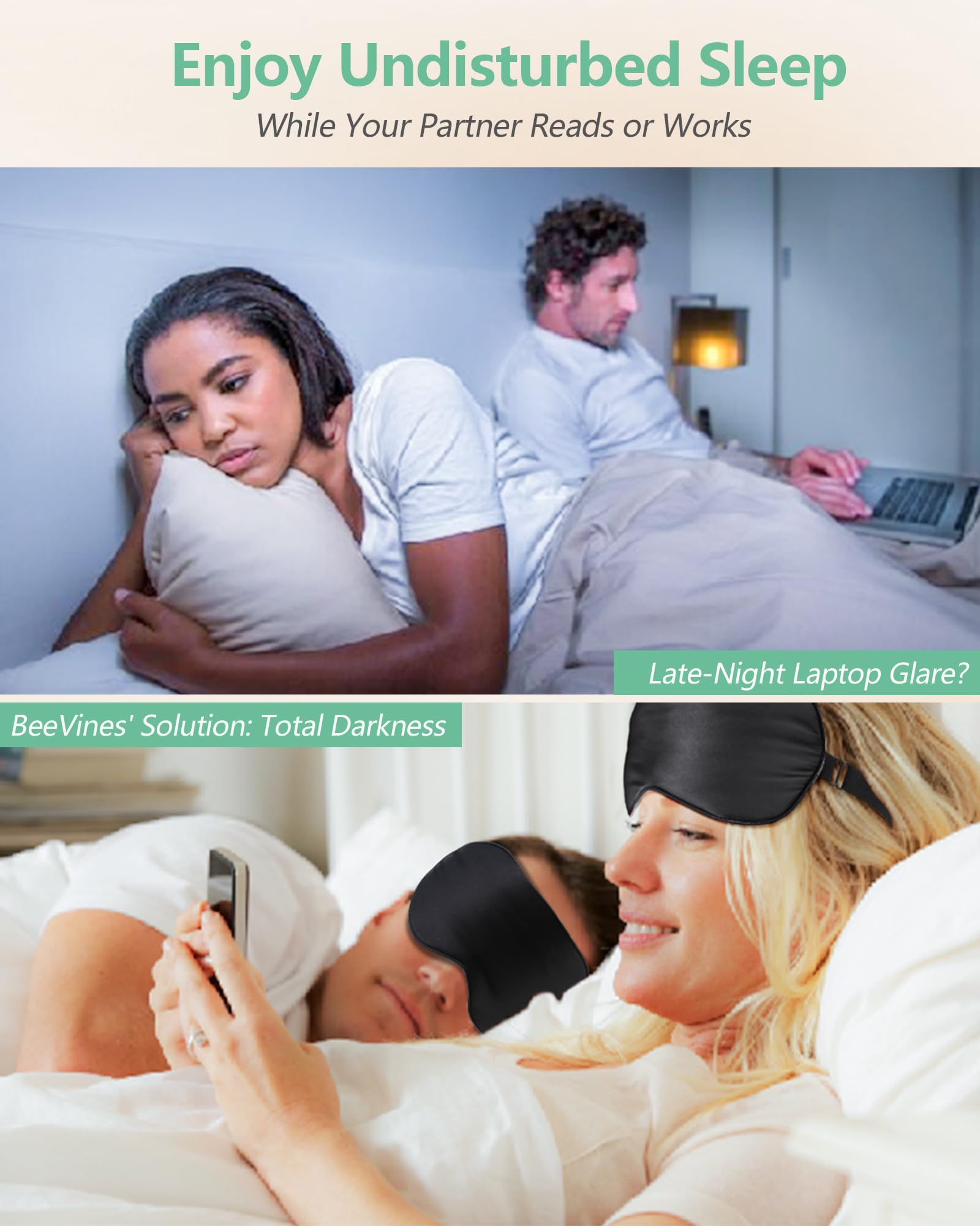 BeeVines Sleep Mask in travel setting emphasizes portable light-blocking on flights.