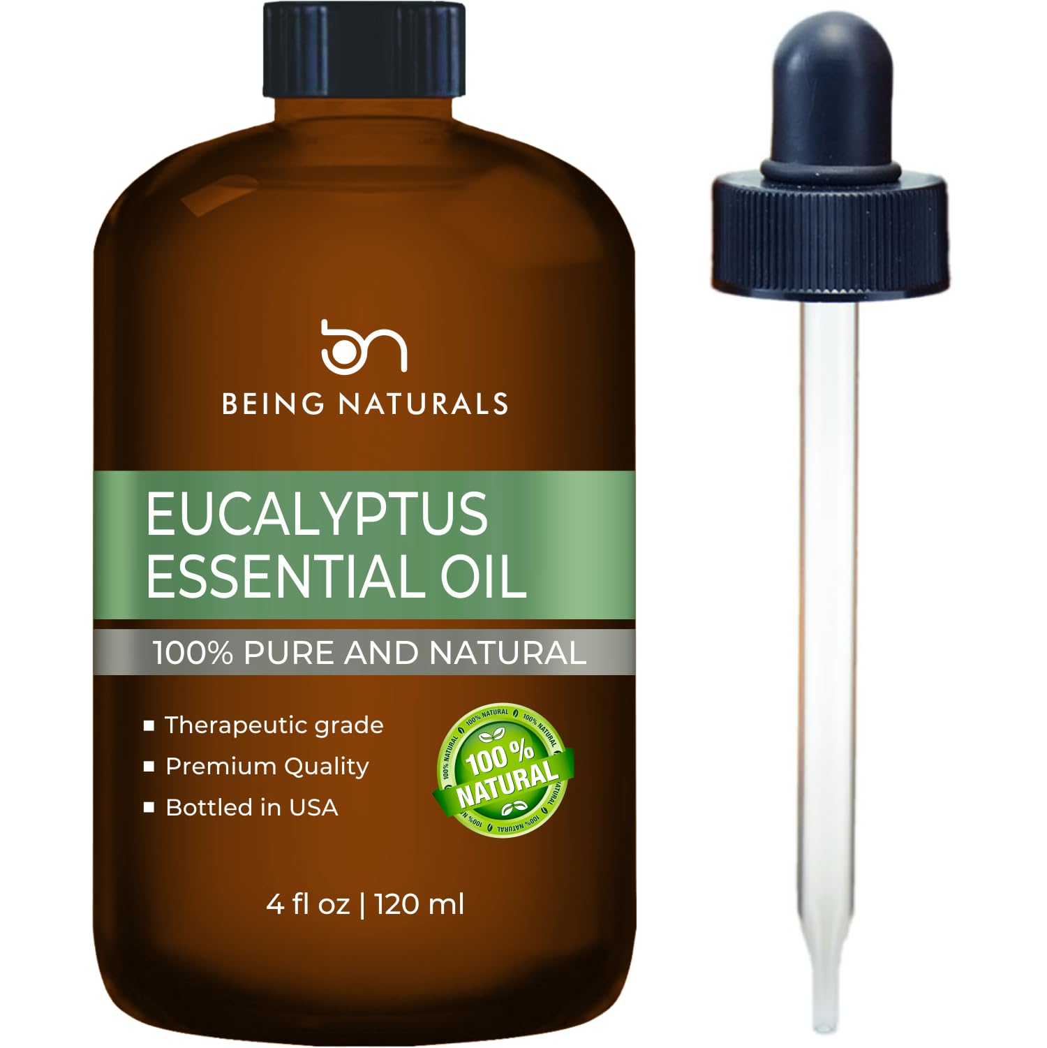 Being Naturals eucalyptus oil bottle with dropper for easy application.