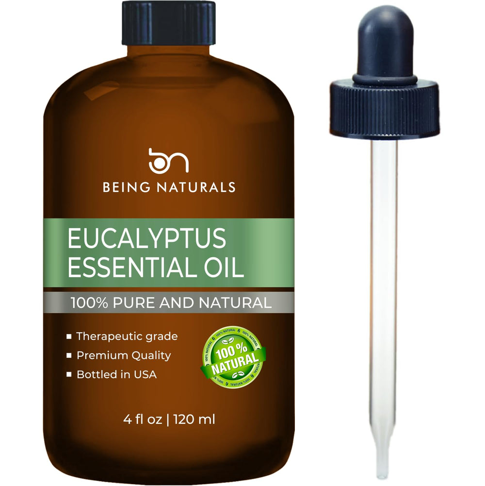 Being Naturals eucalyptus oil bottle with dropper for easy application.
