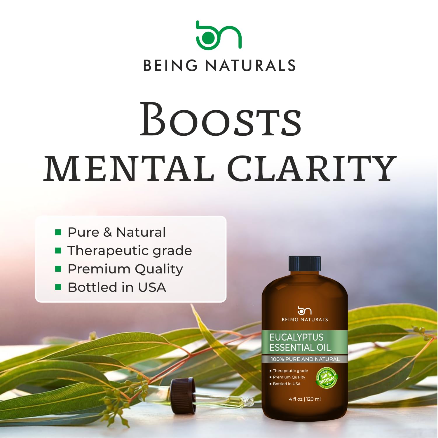 Being Naturals eucalyptus oil ready for diffuser use and aromatherapy.