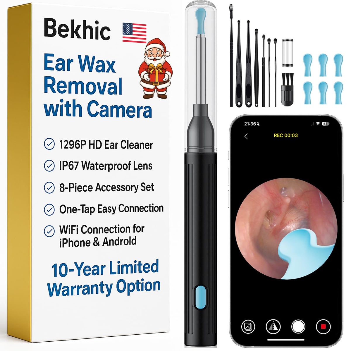 Bekhic ear wax tool camera inspection: clear ear canal view for gentle cleaning.