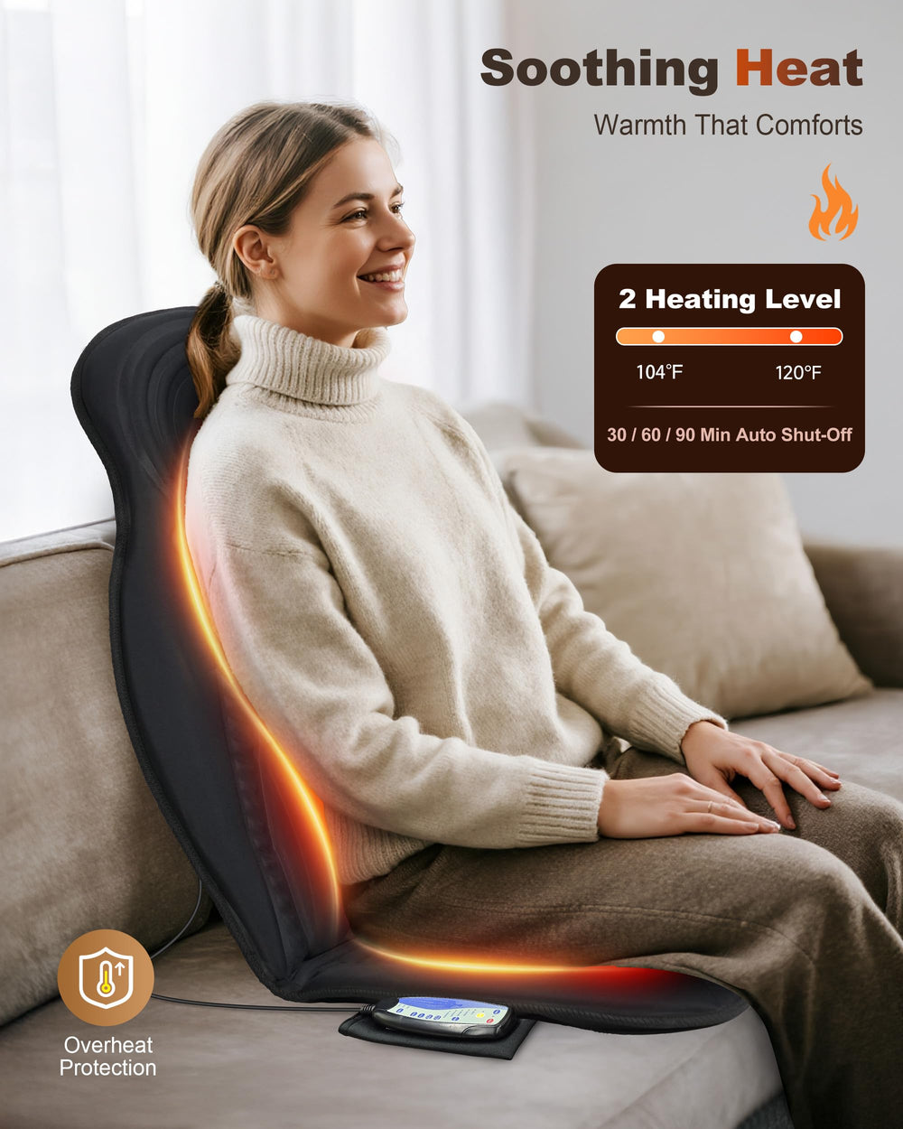 Beleduc back massager chair pad highlighting heating zones for warmth along the spine.