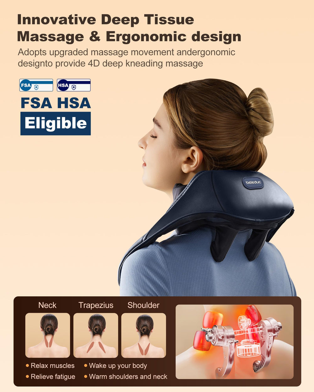 Beleduc massager heat feature warms neck and shoulders for relaxation.