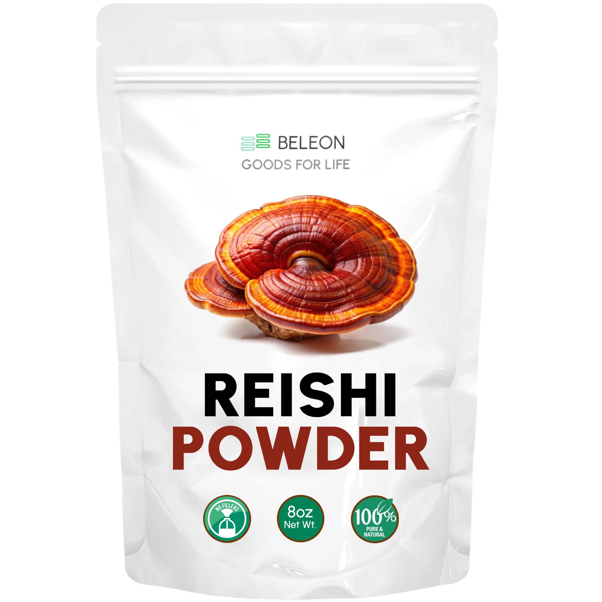 Beleon Reishi powder in 8oz tin label, ideal for daily immune support when stirred into beverages