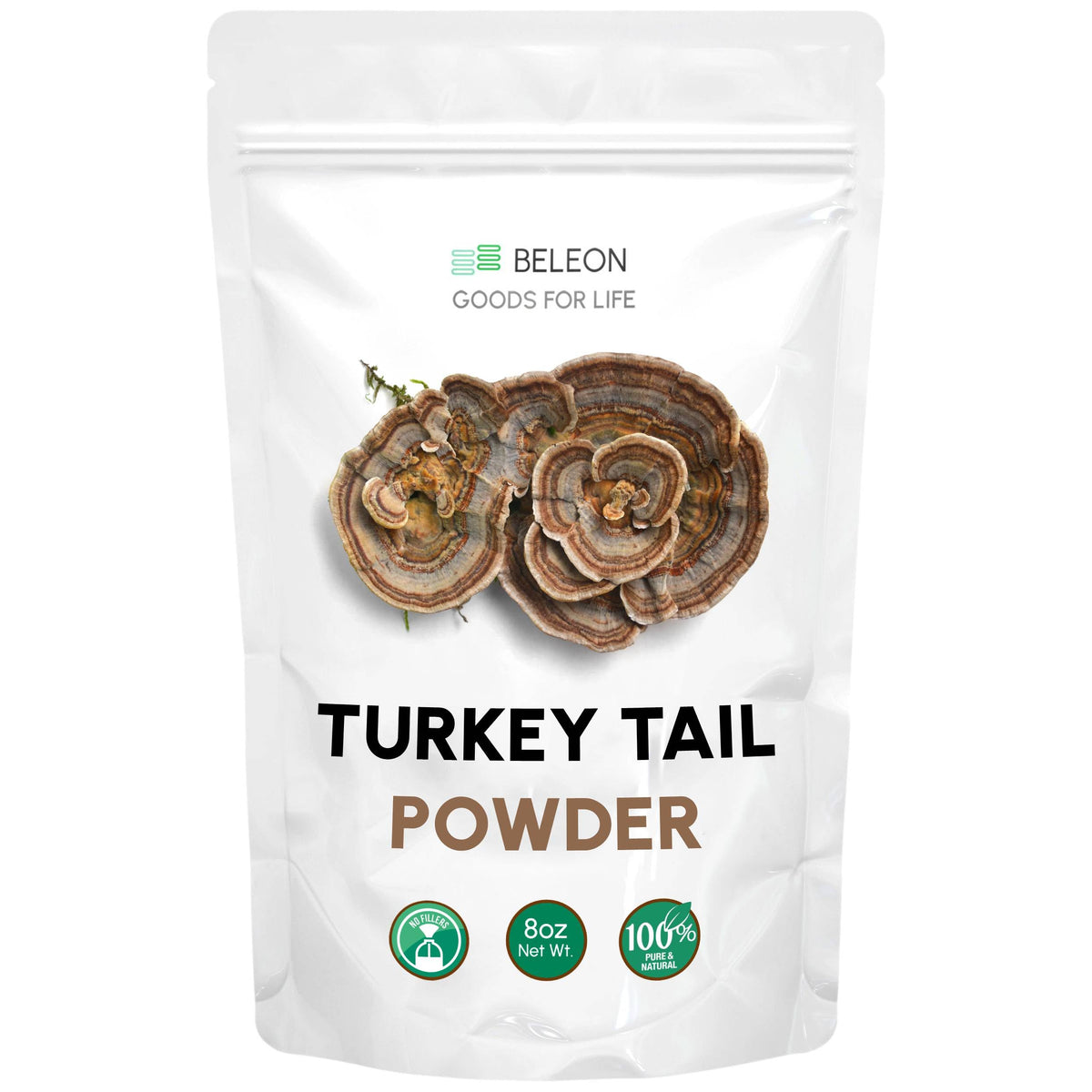 Beleon Turkey Tail Polvo hongo 8 oz: apoyo diario de energía.