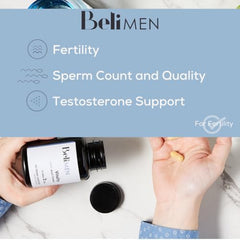 Beli Men Prenatal Multivitamin bottle back highlights vitamin list for preconception health.