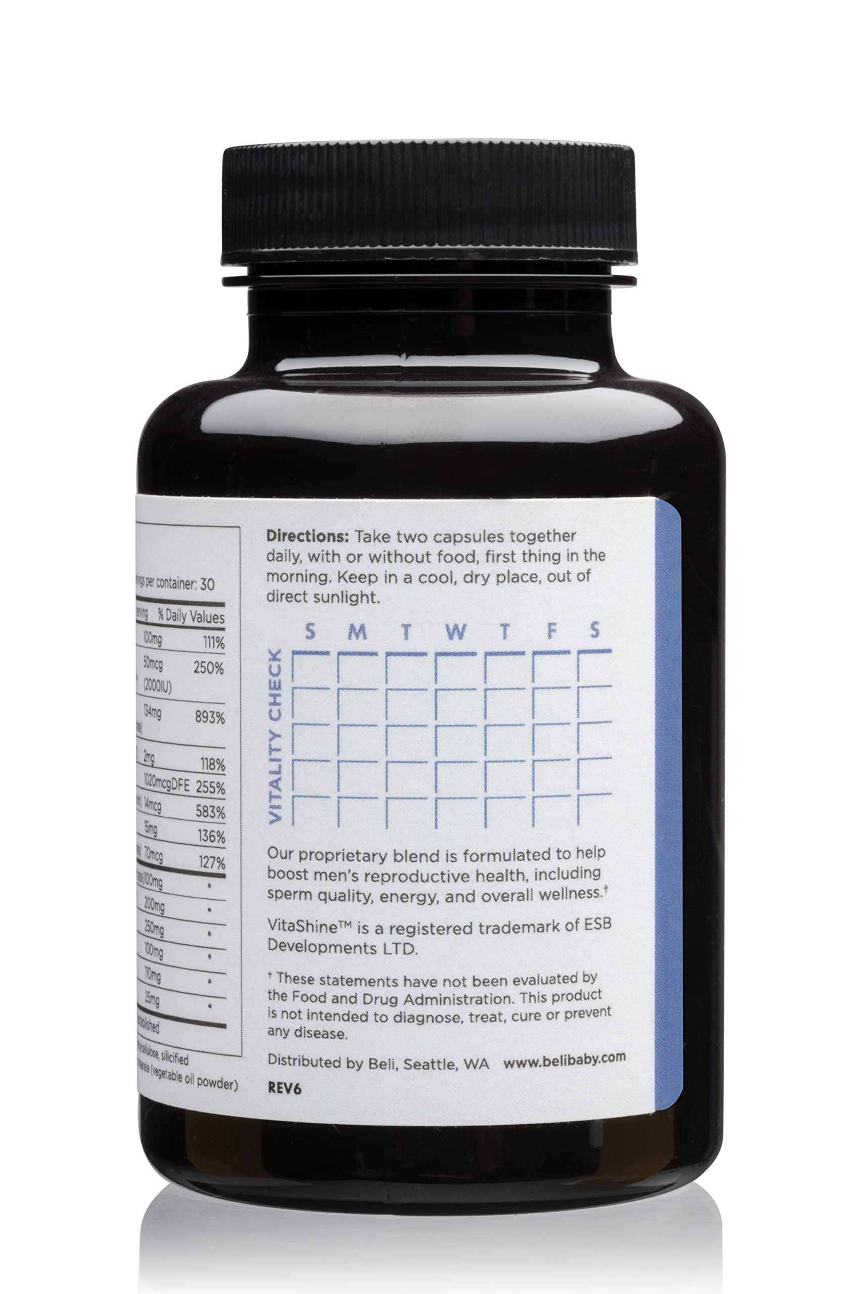 Beli Men Prenatal Multivitamin tablet close-up highlighting active ingredients in the formula.