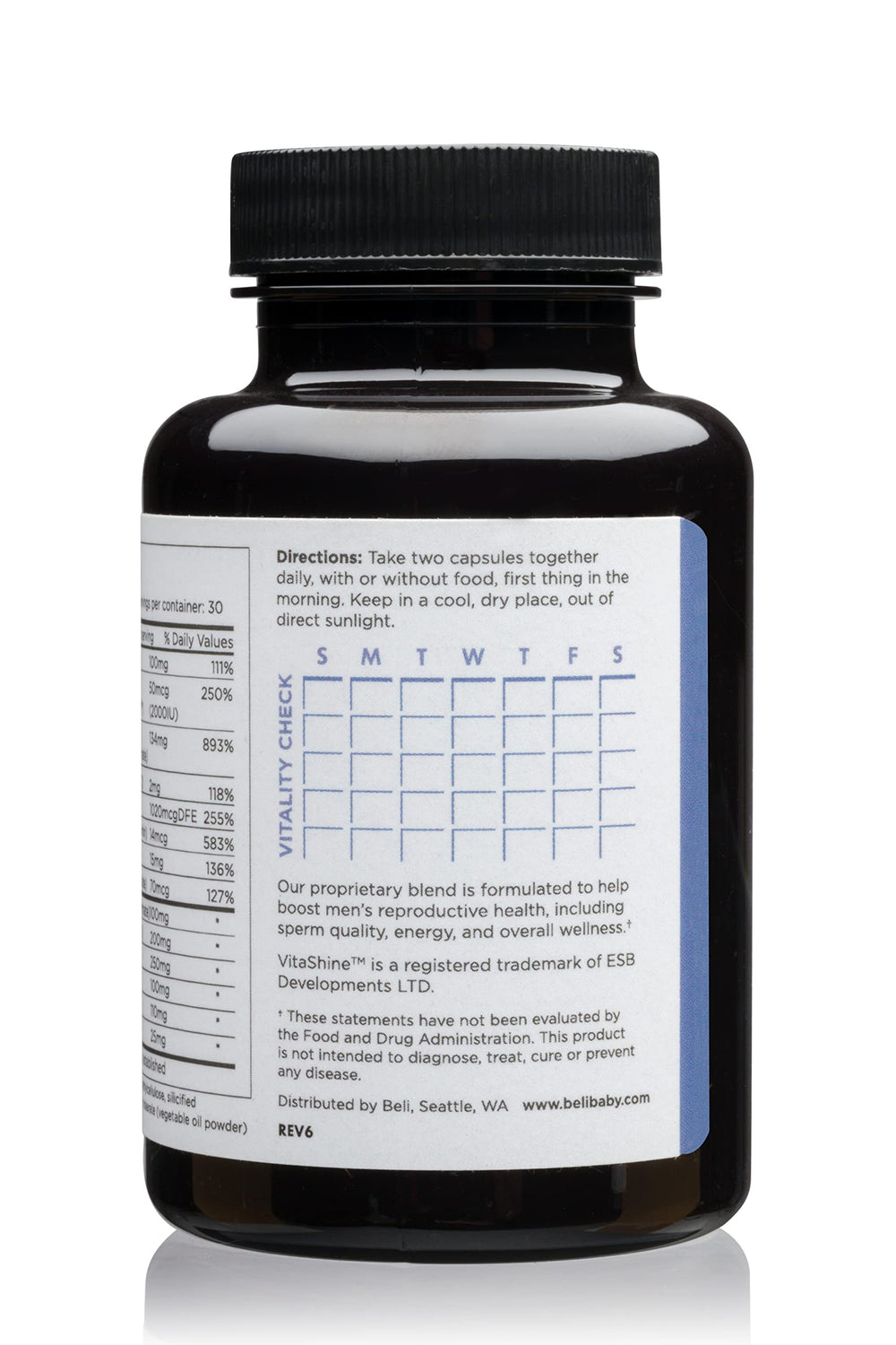 Beli Men Prenatal Multivitamin tablet close-up highlighting active ingredients in the formula.