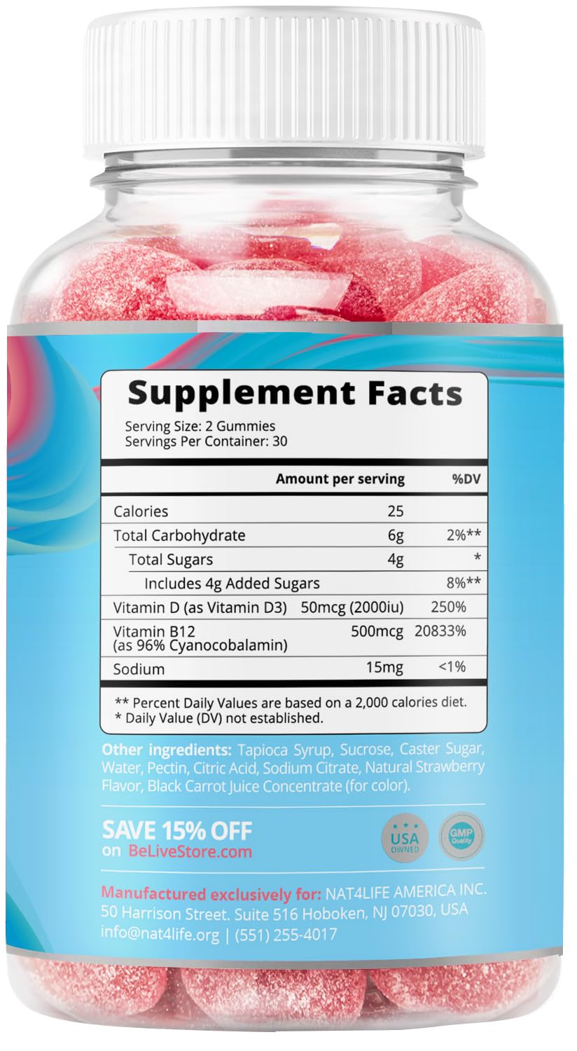 BeLive D3+B12 gummies closeup highlighting easy-to-chew texture for all ages.