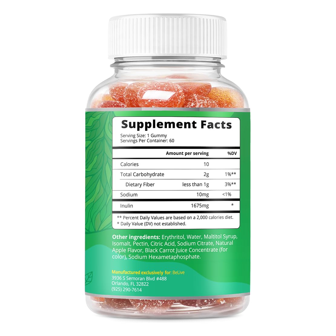 BeLive Fiber Gummies Apple label closeup highlights vegan sugar-free formula