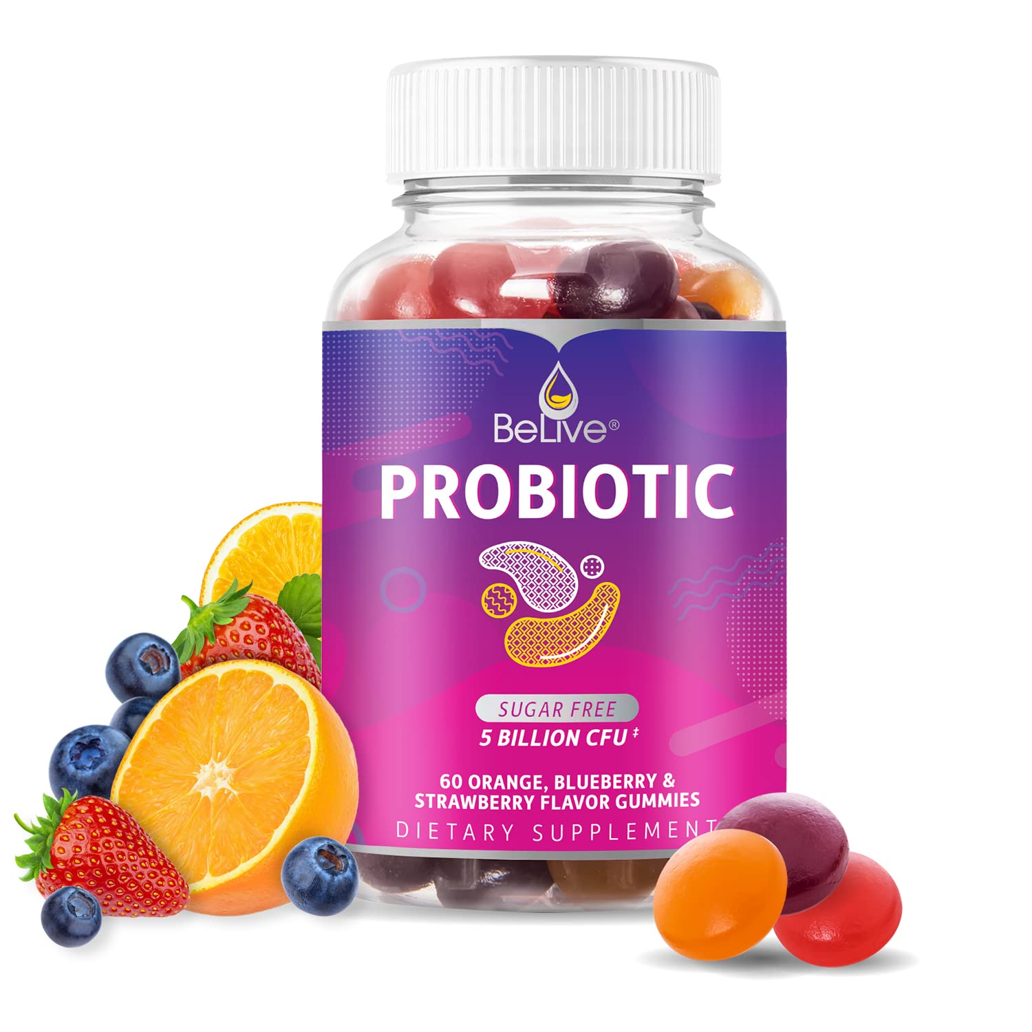 BeLive Probiotic Gummies bottle with sugar-free vegan formula for immune support and digestion