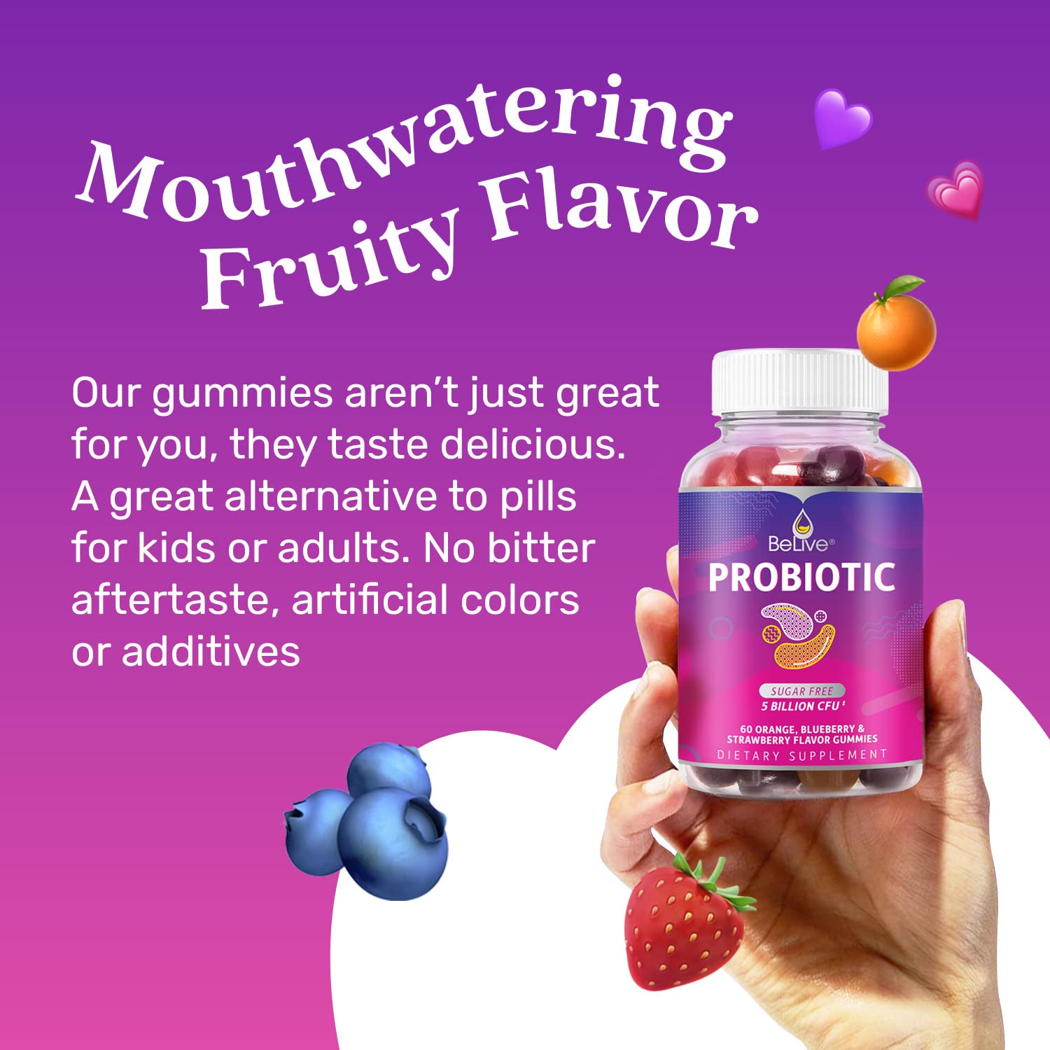 BeLive Probiotic Gummies flavor variety with blueberry, strawberry, orange