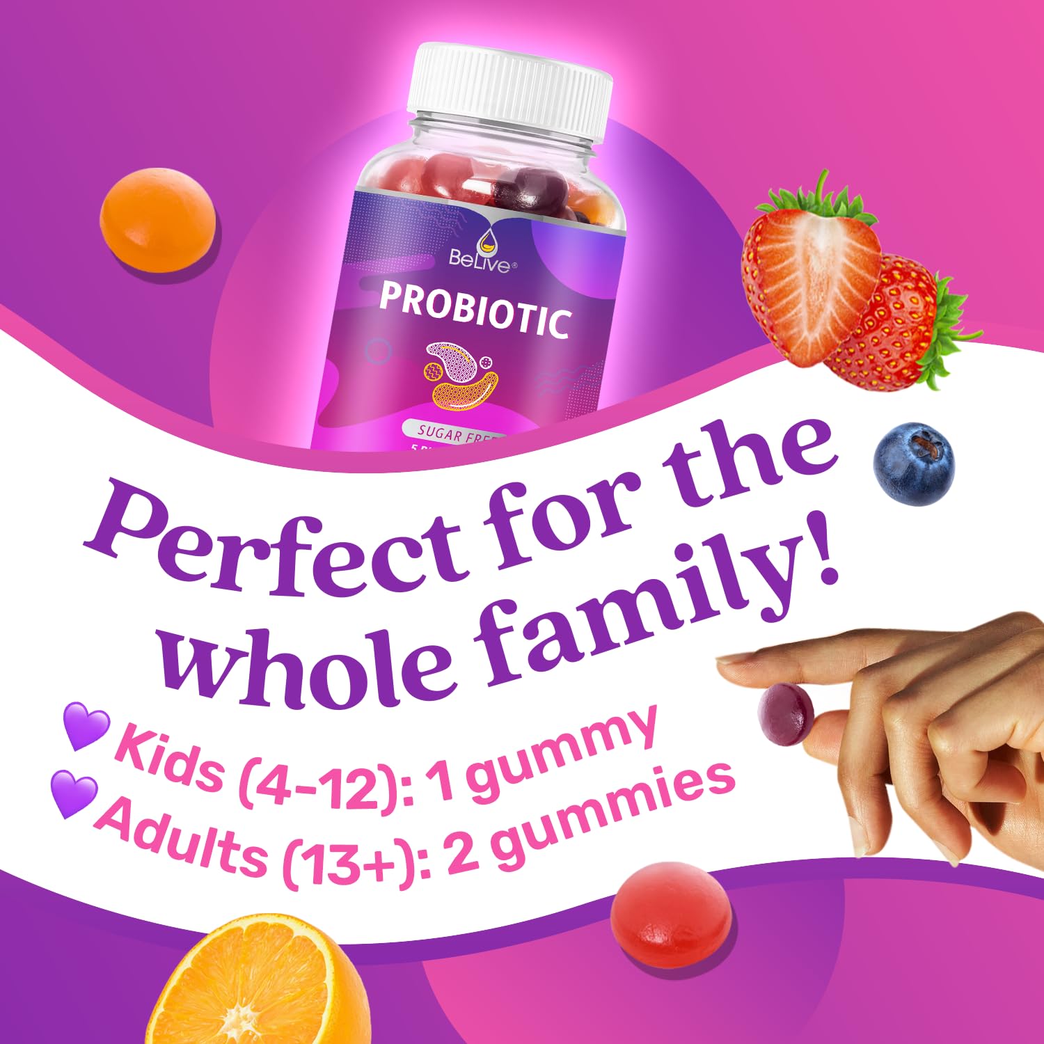 BeLive Probiotic Gummies pouring from bottle for easy daily use