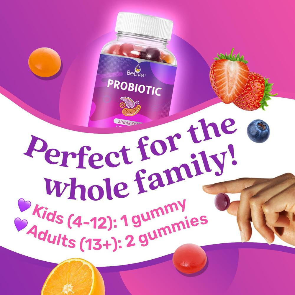 BeLive Probiotic Gummies pouring from bottle for easy daily use