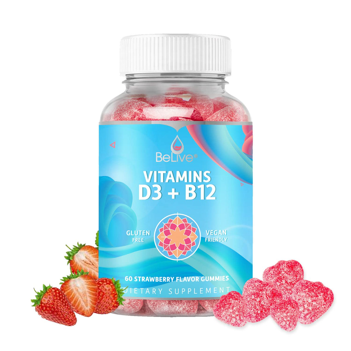 BeLive Vitamin D3 gummies bottle showcases strawberry flavor for daily immune support.