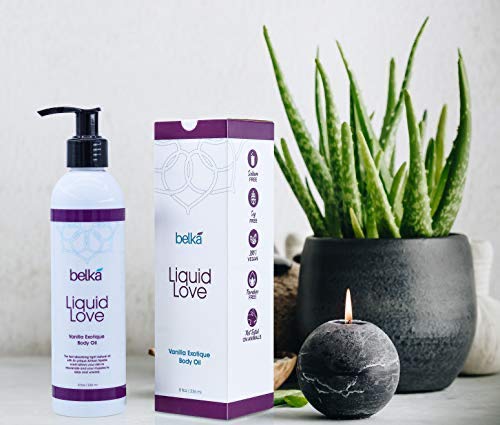 Belká Liquid Love Vanilla Exotique body oil at work for a relaxing massage