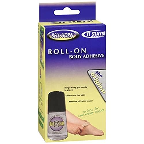 Bell-Horn It Stays Roll-On on fabric demonstrates secure garment adhesion.