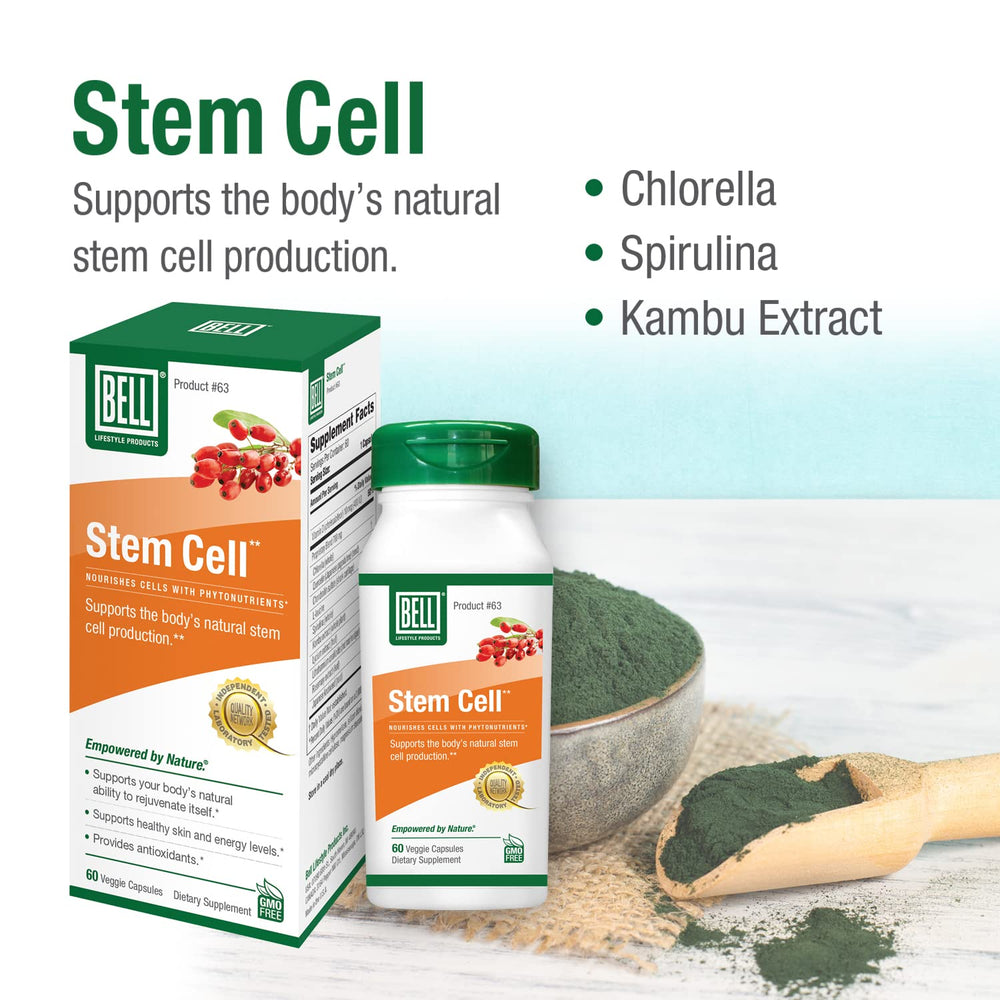 Bell Stem Cell Supplements label detail emphasizes quality and natural ingredients.
