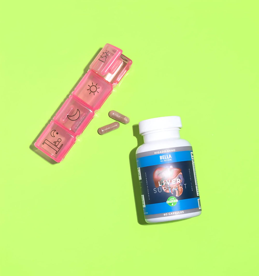 Bella All Natural bottle and glass illustration promotes a simple routine for toxin balance.