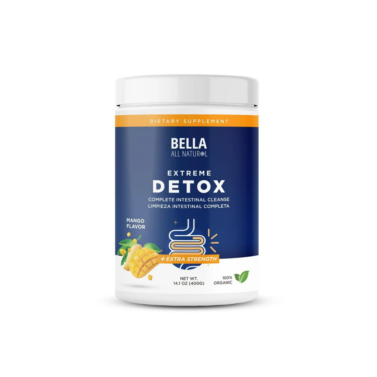 Bella All Natural Detox Powder Mango jar, ideal for daily digestion.
