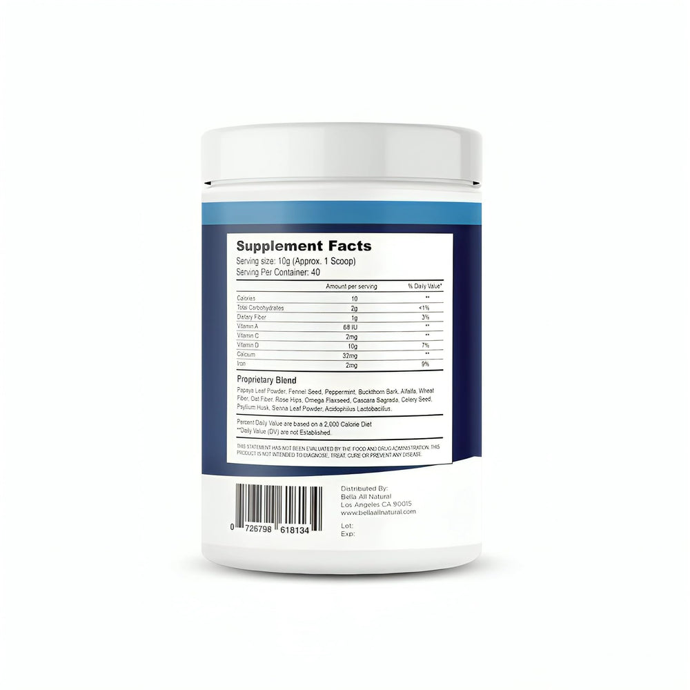Bella All Natural Extreme Detox bottle back-label; outlines usage for gut health.