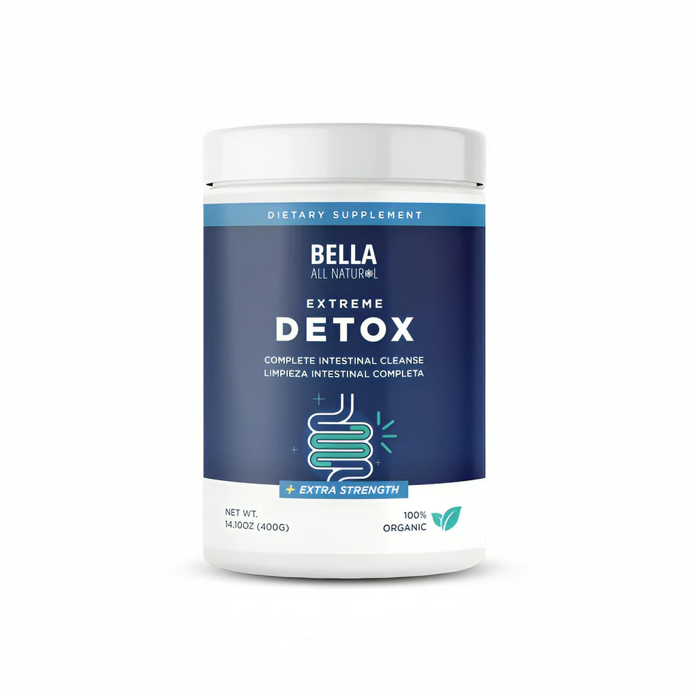 Bella All Natural Extreme Detox unflavored bottle front; supports daily digestive comfort.