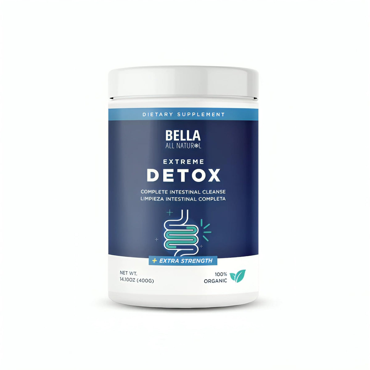 Bella All Natural Extreme Detox unflavored bottle front; supports daily digestive comfort.