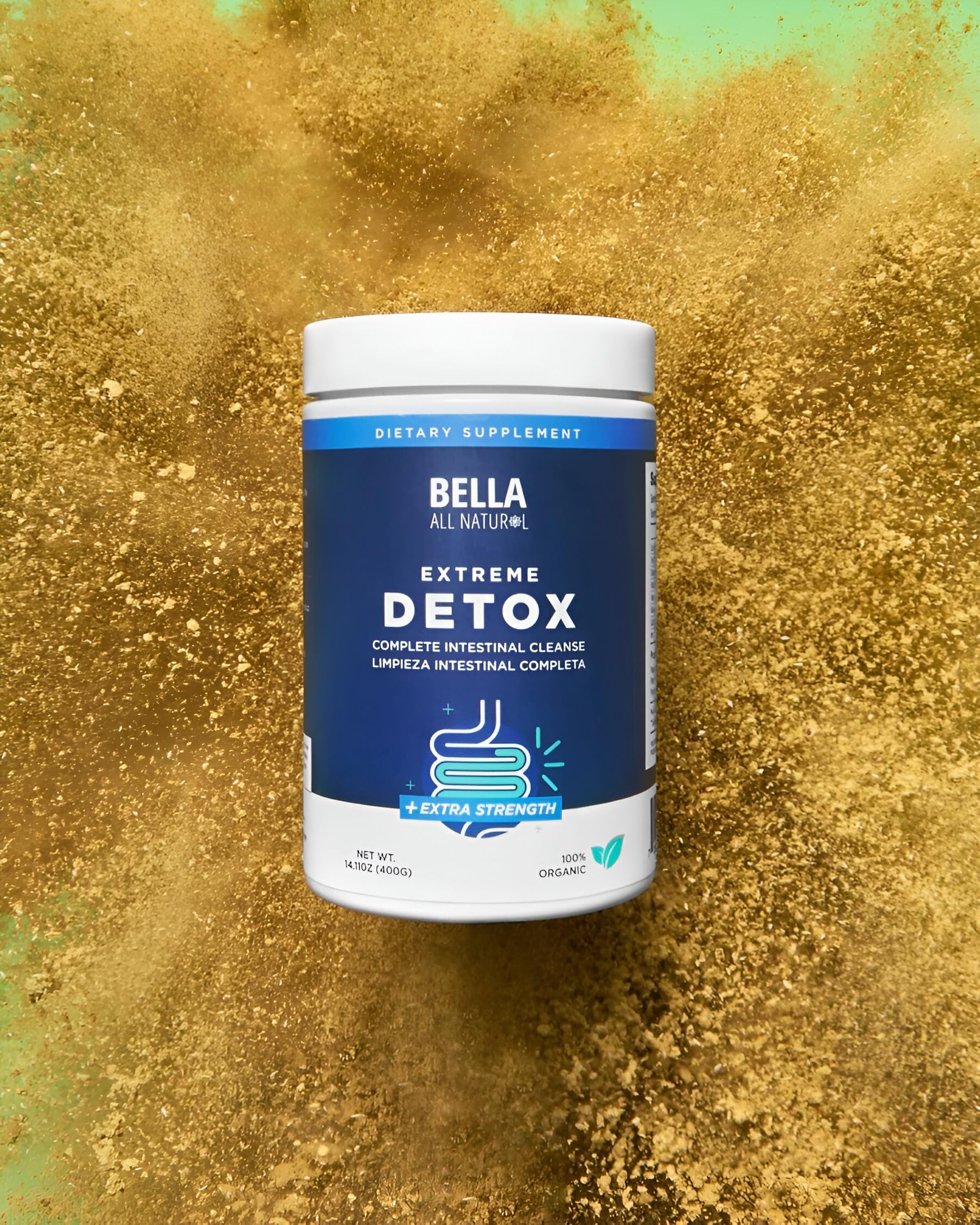 Bella All Natural Extreme Detox label close-up; unflavored versatility highlighted.