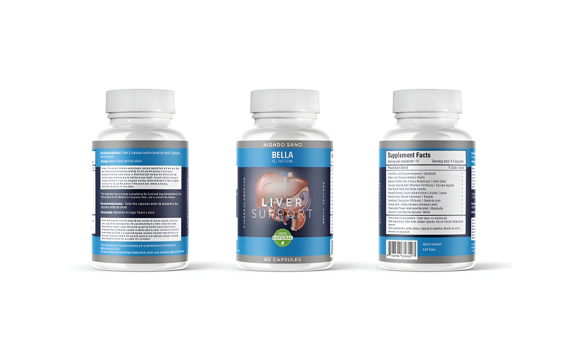 Bella All Natural liver support capsules closeup showing smooth capsules for easy daily use.