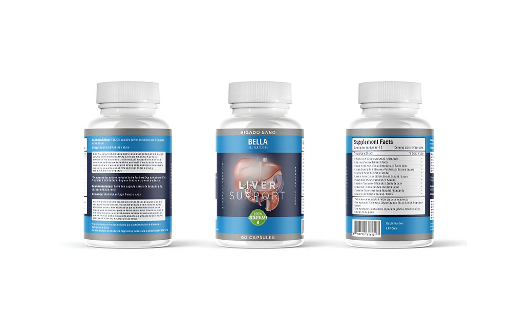 Bella All Natural liver support capsules closeup showing smooth capsules for easy daily use.