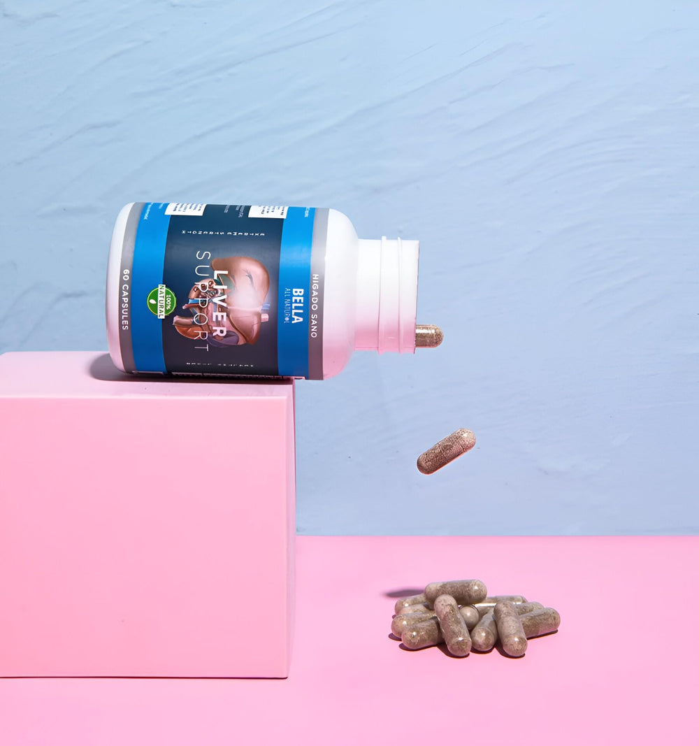 Bella All Natural liver support on grocery shelf conveys accessible everyday use.