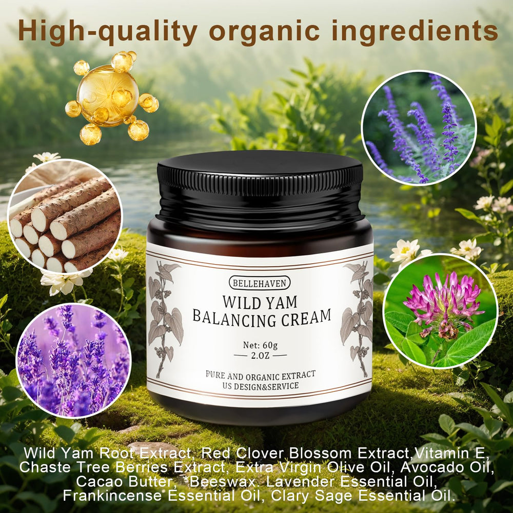 BelleHaven Wild Yam Cream bottle image highlights easy daily application.