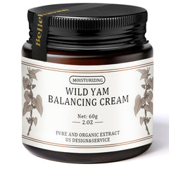 BelleHaven Wild Yam Cream jar close-up shows a rich daily skincare texture.