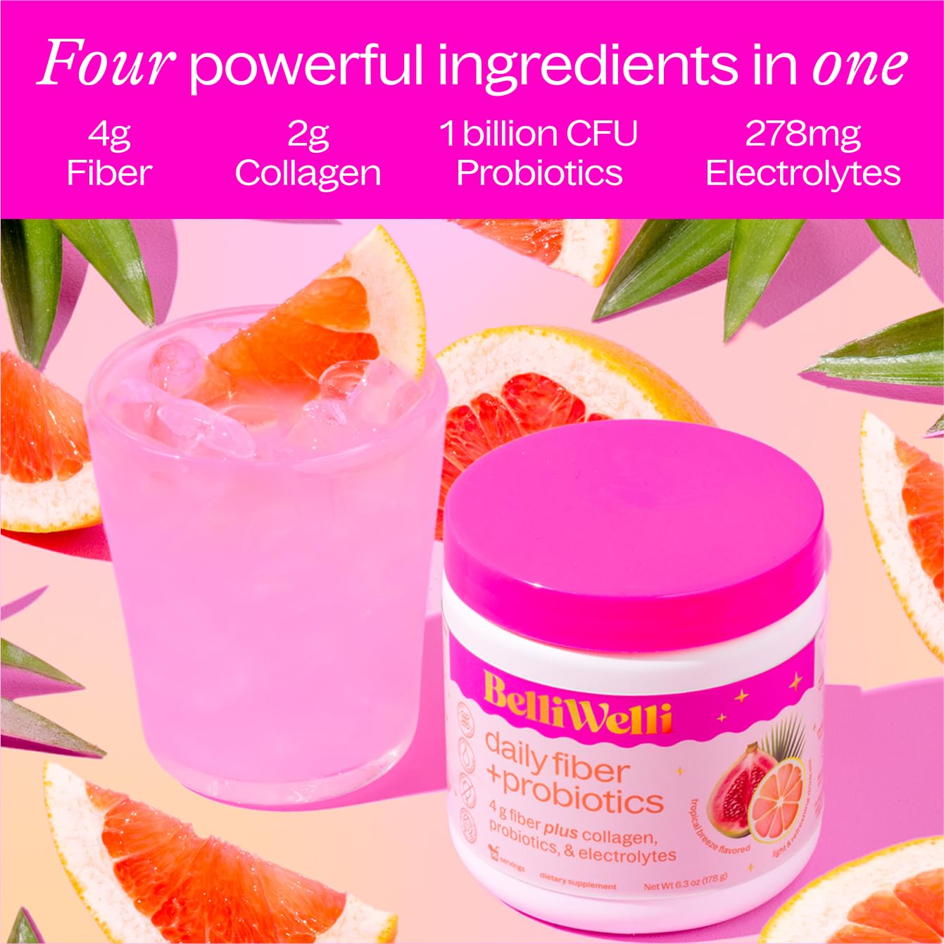 Belli Welli collagen, electrolytes and probiotics blend highlights added support.