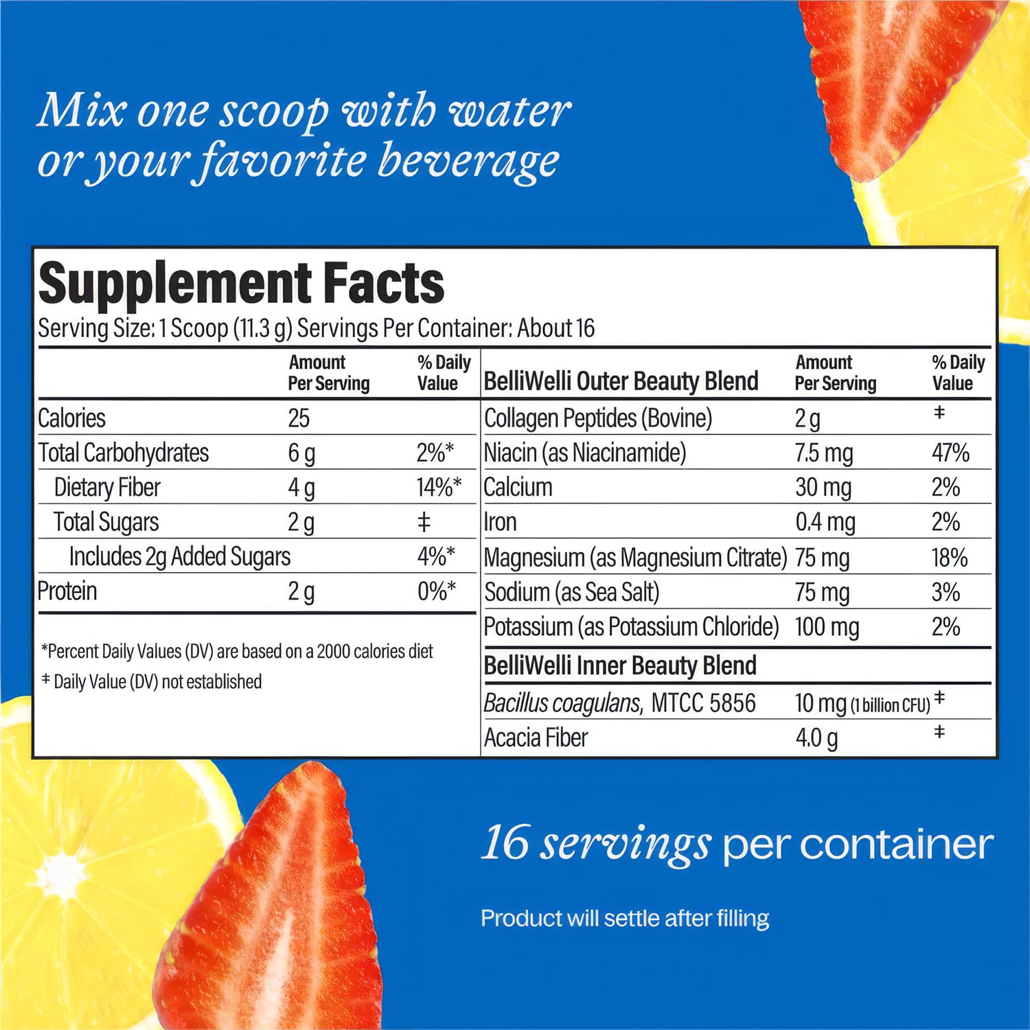 Belli Welli fiber powder bottle and label showcase clean ingredients and brand trust.