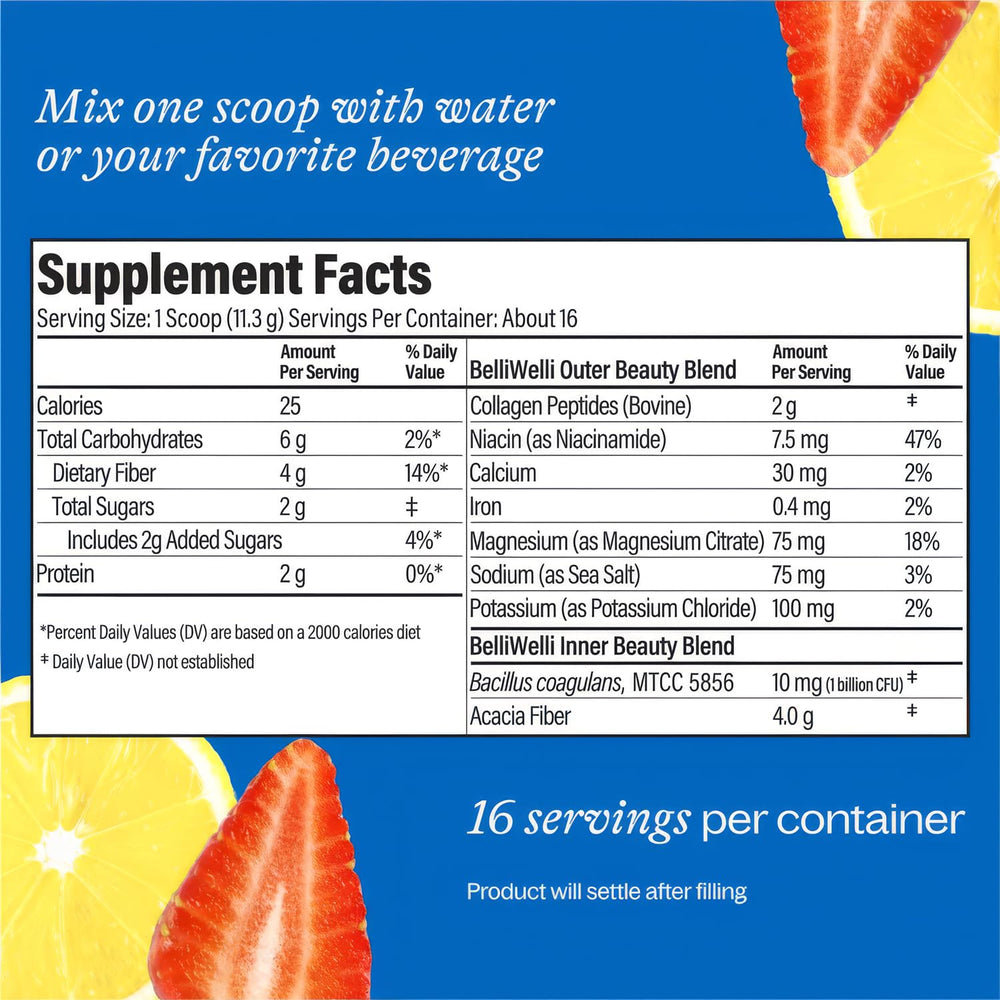 Belli Welli fiber powder bottle and label showcase clean ingredients and brand trust.