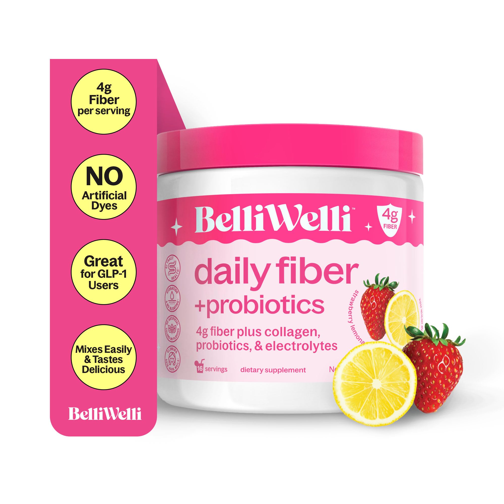 Belli Welli fiber powder in strawberry lemonade tub for easy daily mix and gut support.