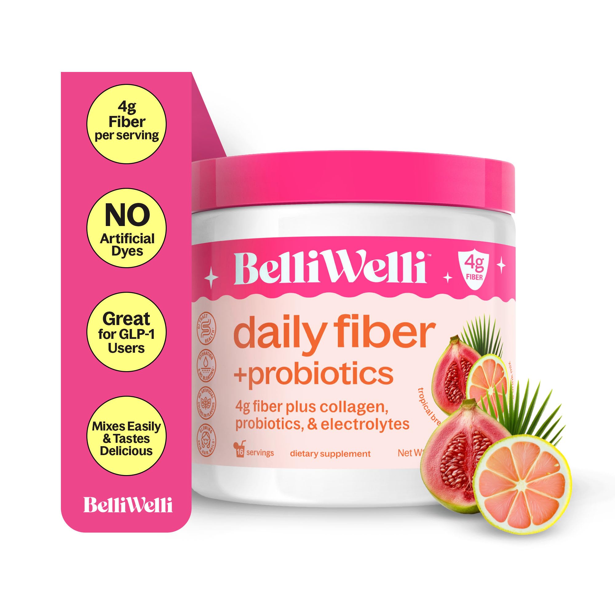 Belli Welli fiber powder tub front highlighting premium organic acacia blend for daily gut support.