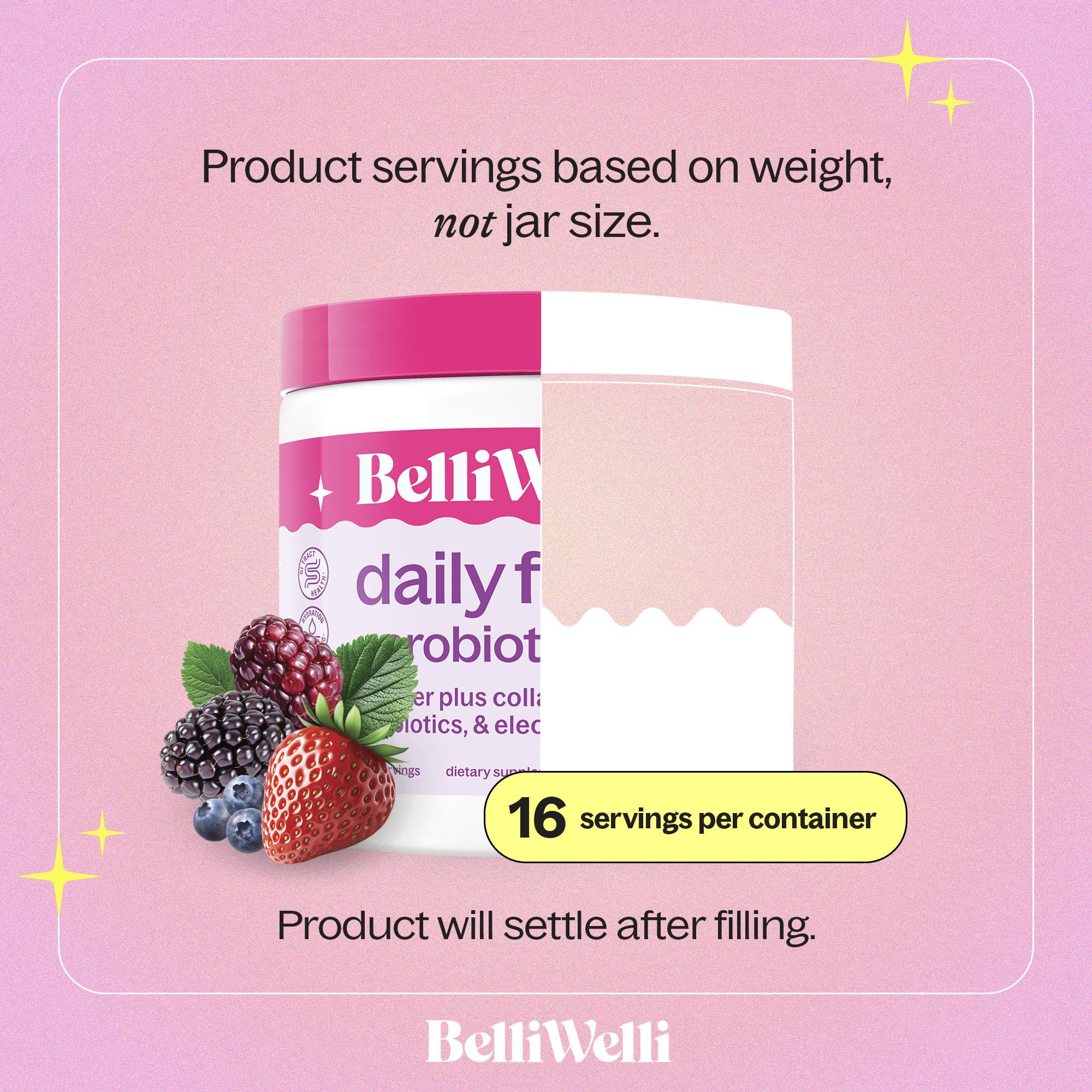 Belli Welli gut health scene with a glass of mixed powder.