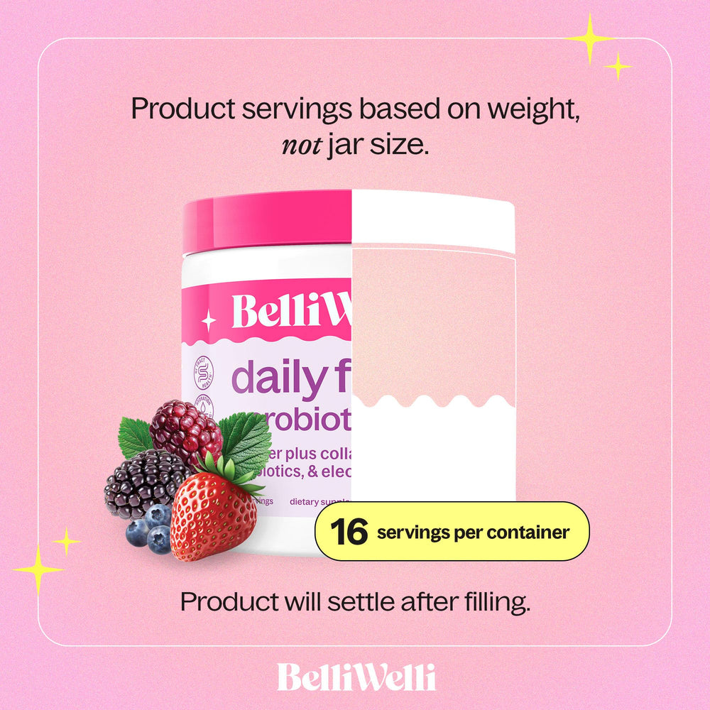 Belli Welli gut health scene with a glass of mixed powder.