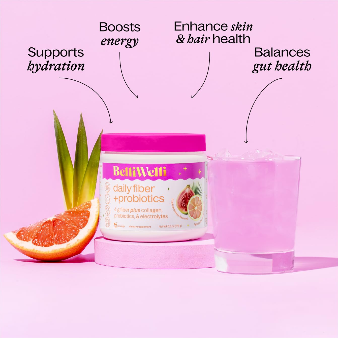 Belli Welli powder dissolves in a glass, demonstrating smooth texture.