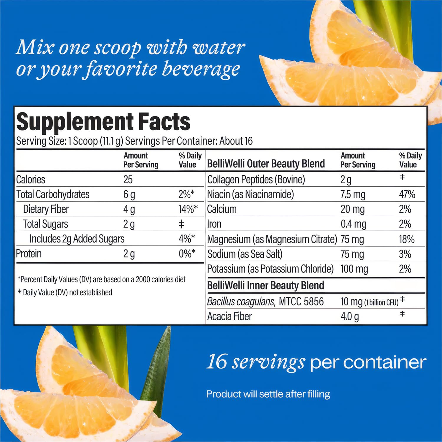 Belli Welli tropical flavor serving idea with fresh fruit background.