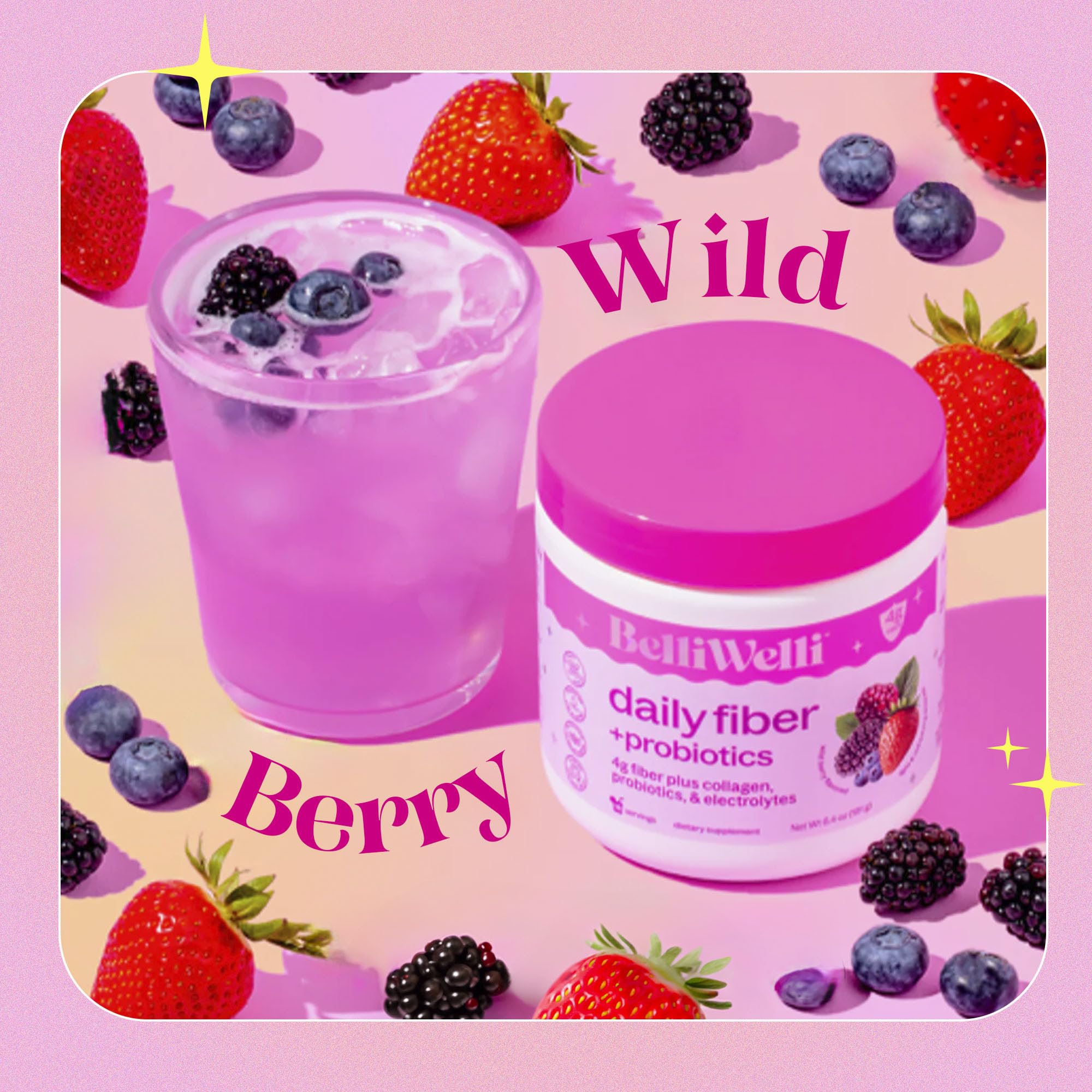 Belli Welli wild berry powder being scooped for convenient daily fiber intake.