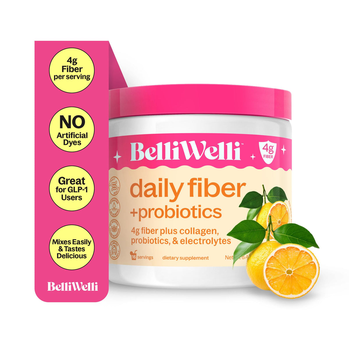 BelliWelli Orange Yuzu fiber bottle for daily gut support and routine.
