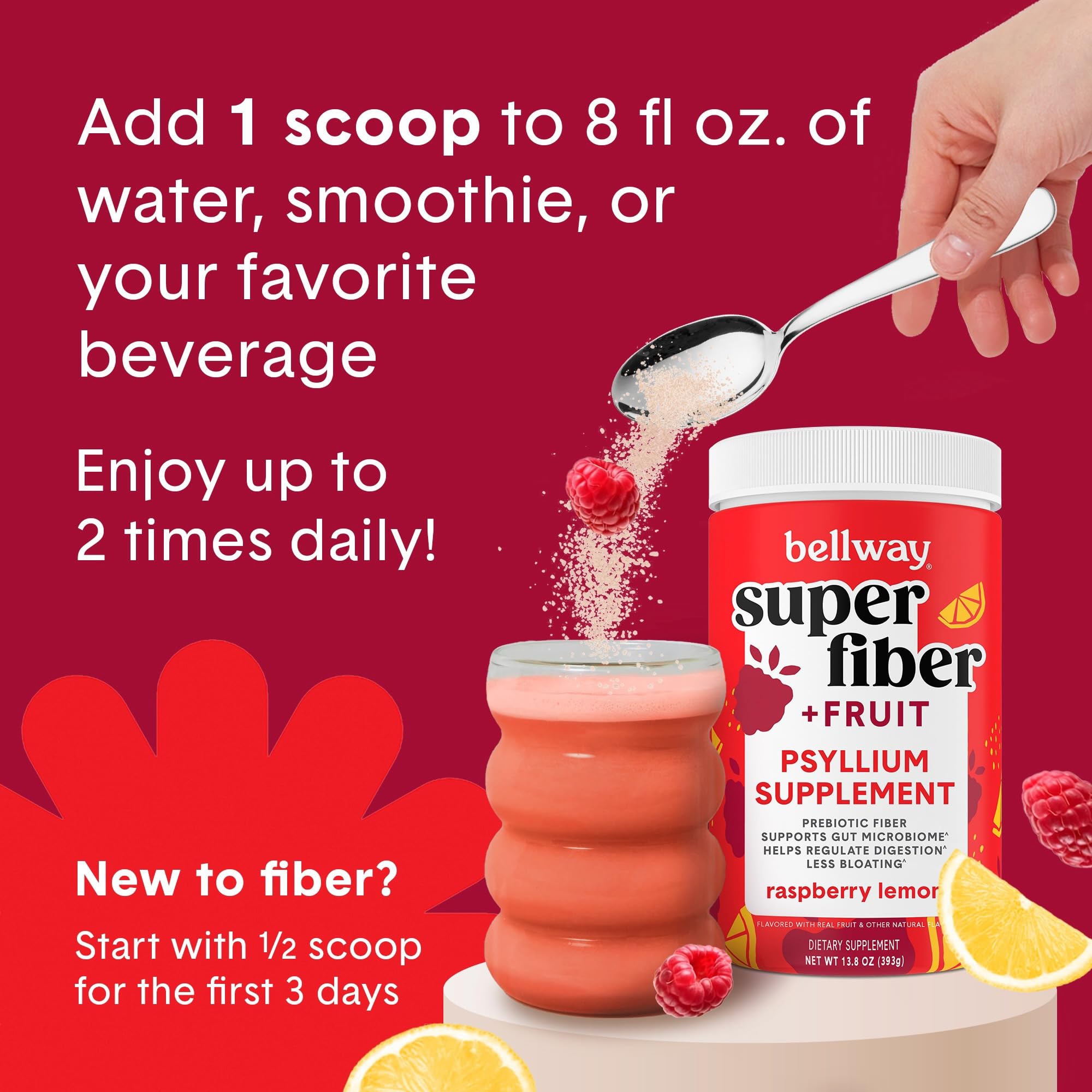 Bellway daily-use fiber powder shown mixing into a drink for regularity.
