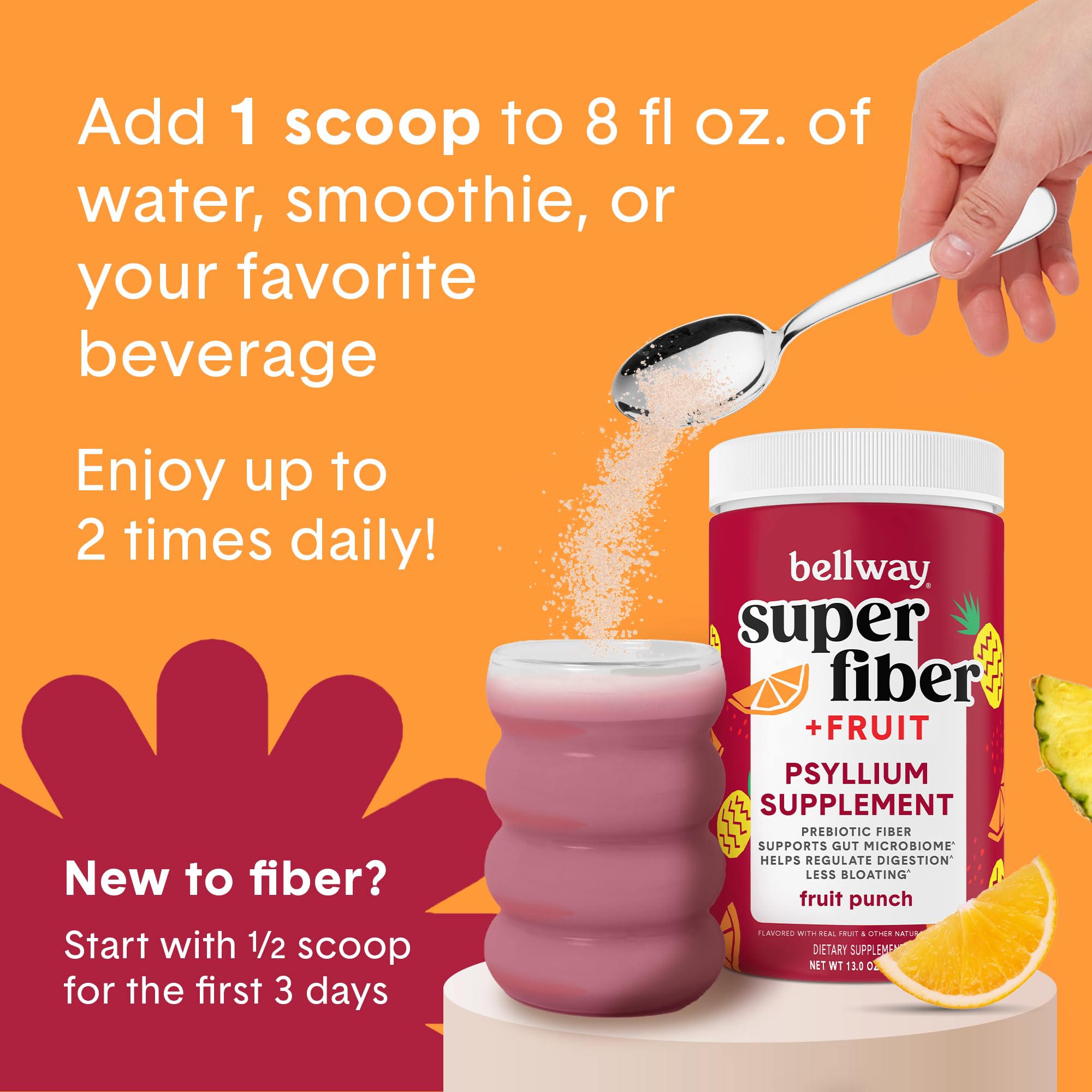 Bellway Super Fiber Fruit powder on the kitchen counter suggests daily routine benefits.