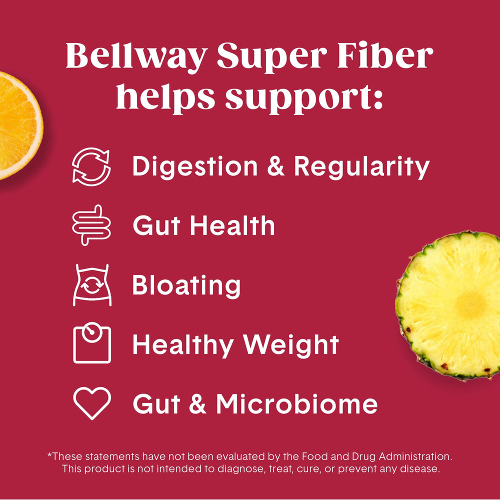 Bellway Super Fiber Fruit powder packets close-up showing sugar-free option.