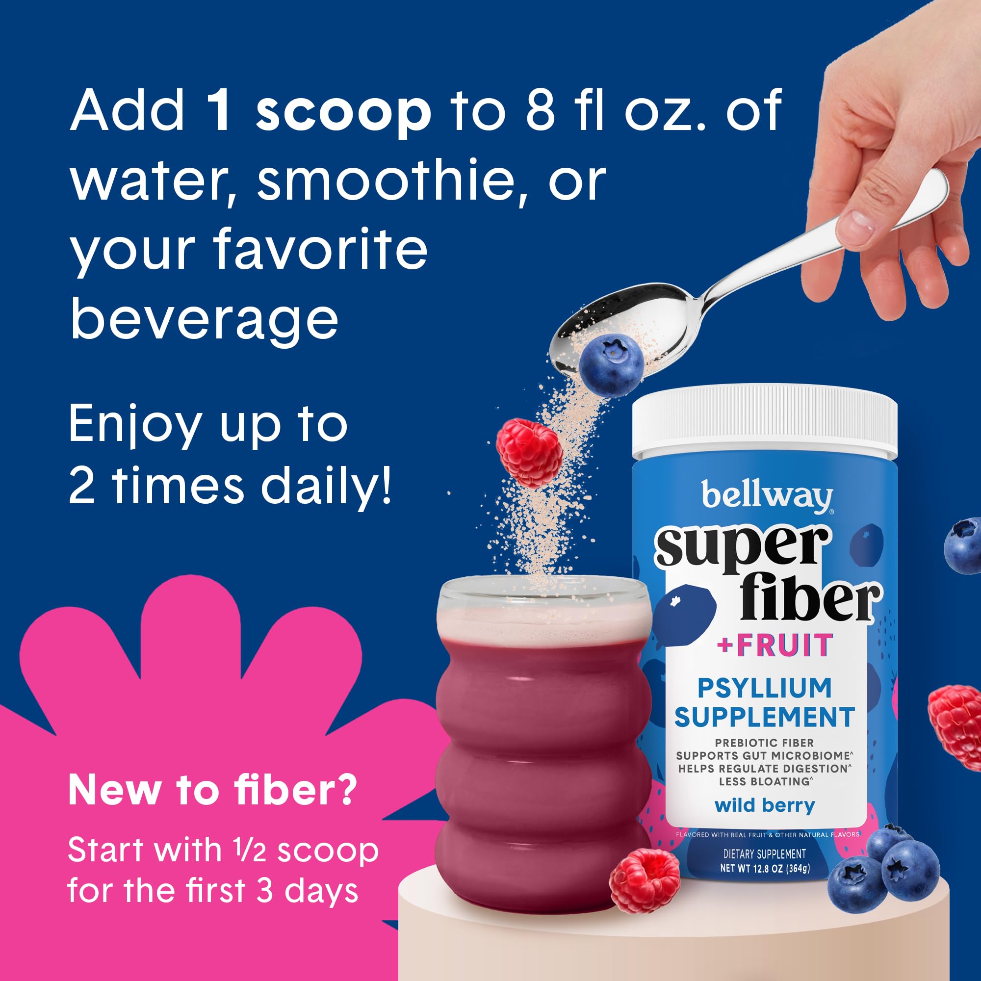 Bellway Super Fiber Powder packaging front emphasizing USA blending and quality.